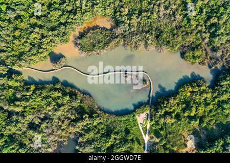 Riserva naturale di Ein Afek, palude di pesci gatto e ponte, vista aerea. Foto Stock