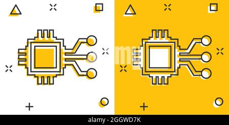 Icona chip del computer in stile comico. Illustrazione vettoriale su cartoni a circuito stampato su sfondo isolato bianco. Concep business effetto splash processore CPU Illustrazione Vettoriale