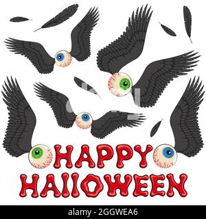 Halloween felice, sfondo con occhi e ali. Oggetti isolati vettoriali colorati su bianco. Illustrazione Vettoriale