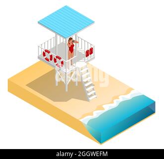 Torre di avvistamento isometrica su una spiaggia di sabbia. Bagnino sulla spiaggia. Sicurezza durante il nuoto. Illustrazione Vettoriale