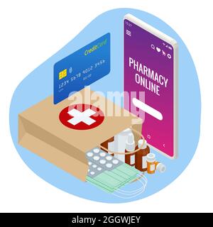 Isomtric acquistare farmaci e farmaci online. App per farmacia online per il settore sanitario. Negozio online di drogheria di concetto. Illustrazione Vettoriale