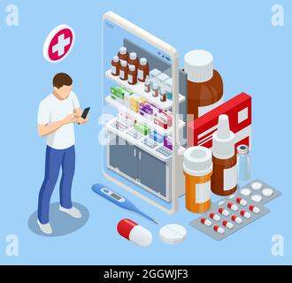 Isomtric acquistare farmaci e farmaci online. App per farmacia online per il settore sanitario. Negozio online di drogheria di concetto. Illustrazione Vettoriale