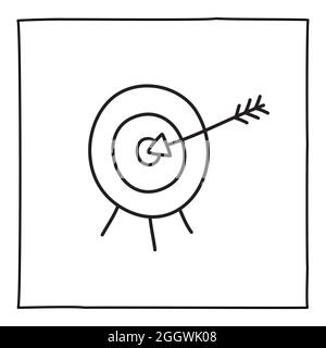 Icona o logo Doodle target, disegnata a mano con sottile linea nera. Illustrazione Vettoriale