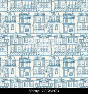 sfondo senza cuciture con case colorate vintage. illustrazione disegnata a mano Illustrazione Vettoriale