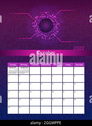 US lettera carta formato vettore futuristico mensile calendario pianificatore ottobre 2022 settimana inizia la Domenica. Organizer con tecnologia digitale verticale, Habit Track Foto Stock