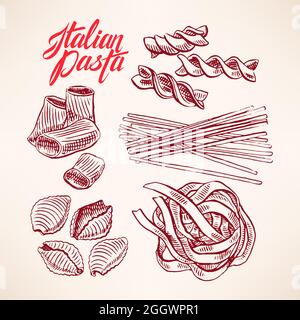 set con diversi tipi di pasta. illustrazione disegnata a mano Illustrazione Vettoriale