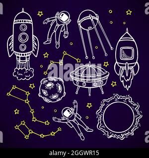 set cosmico con simpatici razzi e astronauti. illustrazione disegnata a mano Illustrazione Vettoriale