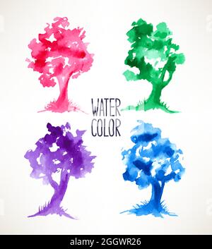 Con quattro splendidi alberi colorati ad acquerello. Illustrazione disegnata a mano Illustrazione Vettoriale