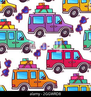 Viaggiare in auto. Carino motivo senza cuciture di auto multicolore e occhiali da sole a cuore. Illustrazione disegnata a mano Illustrazione Vettoriale