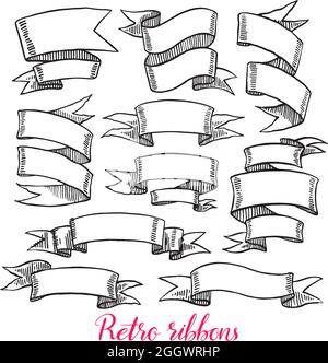 Set di striscioni a nastro vintage. Illustrazione disegnata a mano Illustrazione Vettoriale