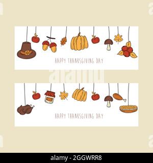 Elementi di Thanksgiving disegnati a mano per la progettazione di banner. Holiday card in stile doodle su bianco. Set di tre striscioni orizzontali Illustrazione Vettoriale