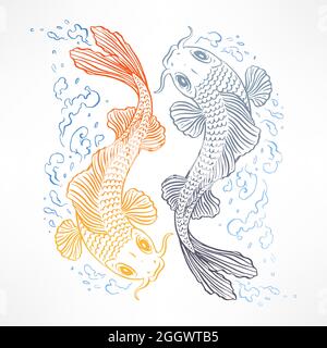 Bella carta con carpe giapponesi arancioni e grigie. Illustrazione disegnata a mano Illustrazione Vettoriale