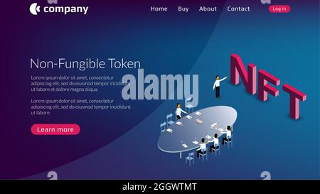 Modello di sito web NFT non fungibile token con consiglio di amministrazione e testo isometrico su sfondo blu. La nuova classe di monete viene utilizzata per pagare i comunicati Foto Stock