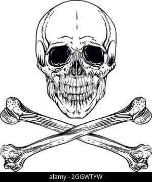 Illustrazione vettoriale del cranio umano disegnato a mano con ossa incrociate Illustrazione Vettoriale