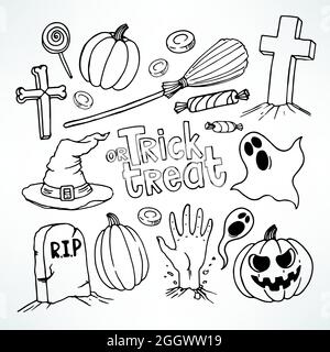 Set di Halloween. Set con simpatici simboli delle vacanze. Illustrazione disegnata a mano Illustrazione Vettoriale