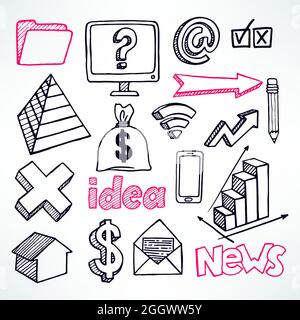 set vettoriale di icone disegnate a mano e testo su sfondo bianco Illustrazione Vettoriale