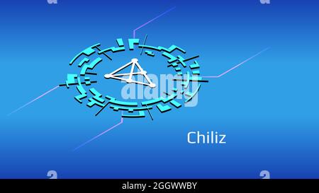 Simbolo token isometrico Chilliz CHZ in cerchio digitale su sfondo blu. Icona della moneta di criptovaluta. Illustrazione vettoriale. Foto Stock