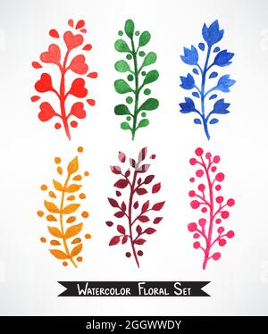 Set di sei piante di acquerello cute disegnate a mano Illustrazione Vettoriale