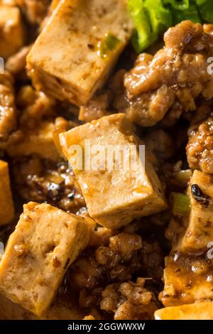 Tofu cinese mapo fatto in casa con maiale e scalioni Foto Stock