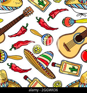 Carino sfondo senza giunture di un tradizionale elementi messicani - maracas, sombreros, chitarre. Illustrazione disegnata a mano Illustrazione Vettoriale