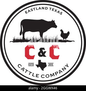 Texas mucca e bestiame bovino azienda emblema vintage vettore logo design Illustrazione Vettoriale