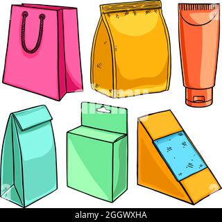 set di confezioni diverse. Illustrazione disegnata a mano Illustrazione Vettoriale