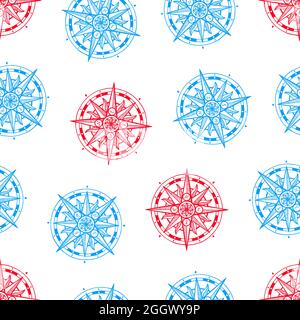 splendido sfondo marino senza giunture. Rosa del vento. Illustrazione disegnata a mano Illustrazione Vettoriale