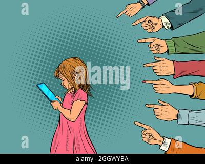 Una bambina usa uno smartphone. Gli adulti discutono della passione dei giovani. Conflitto generazionale Illustrazione Vettoriale