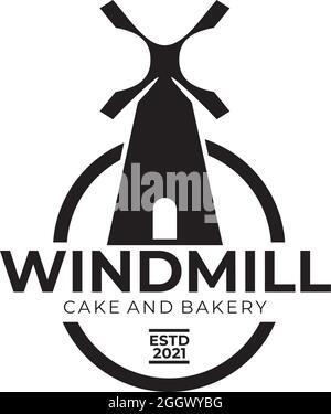 Modello di disegno con logo Wind Mill per panetteria e pasticceria Illustrazione Vettoriale