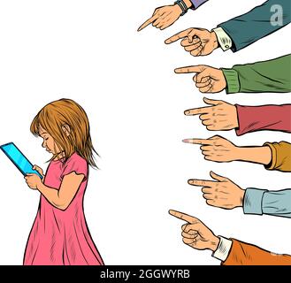 Una bambina usa uno smartphone. Gli adulti discutono della passione dei giovani. Conflitto generazionale isolato su sfondo bianco Illustrazione Vettoriale