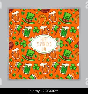 Carino biglietto d'auguri arancione per il giorno di San Patrizio. Illustrazione disegnata a mano. Illustrazione Vettoriale
