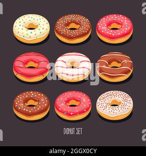 carino set di appetitosi cartoni animati colorati ciambelle con spruzzi Illustrazione Vettoriale