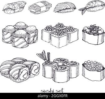 Set di diversi tipi di deliziosi panini e sushi. Illustrazione disegnata a mano Illustrazione Vettoriale
