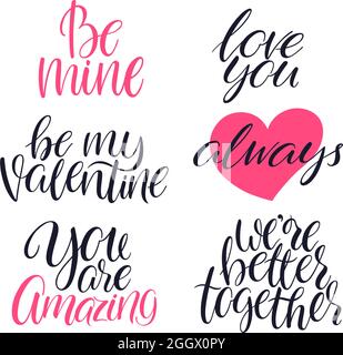 Set carino di citazione scritta a mano a giorno valentines Illustrazione Vettoriale
