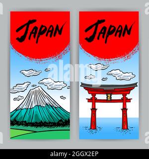 Due bellissime bandiere verticali di attrazioni giapponesi. Monte Fuji e Torii. Illustrazione disegnata a mano Illustrazione Vettoriale