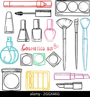 set di cosmetici decorativi per donna. illustrazione disegnata a mano Illustrazione Vettoriale