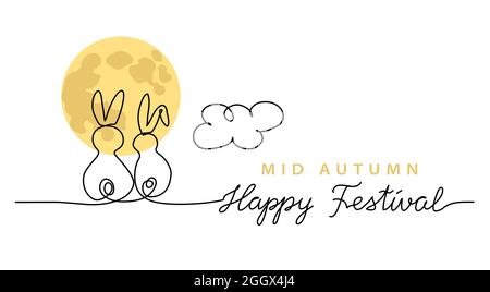 Chinese Mid Autumn Festival vettore sfondo, banner, poster con due conigli guardando la luna. Illustrazione di un disegno a una linea con lettere Illustrazione Vettoriale