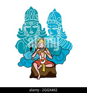 Hanuman: Sempre immerso nel canto e nel ricordo del nome di Lord Rama. Con RAM Sita in background. Foto Stock