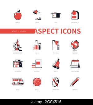 Scuola - icona moderna di stile di linea con elementi piatti rossi. Attributi per lo studio nei gradi inferiori. Zaino, mela, piegatrice, campana, bus, te Illustrazione Vettoriale