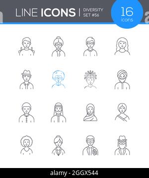 Diversity - Set di icone di stile di linea moderno. Immagini pulite. E' un mondo piccolo e noi siamo tutti suoi abitanti, nonostante siamo così diversi. Idea di Illustrazione Vettoriale