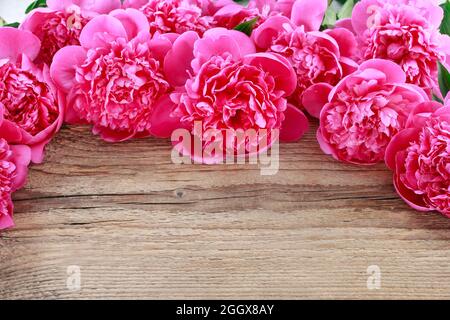 Splendide peonie rosa su bianco in legno rustico sfondo. Spazio di copia Foto Stock