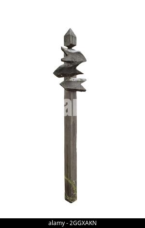 Colonna semplice in legno con tre indicazioni su sfondo bianco isolato Foto Stock