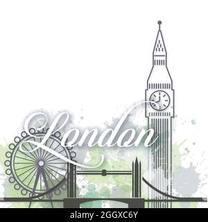 Benvenuti a Londra popolare monumenti monumento skyline acquerello e line art Illustrazione Vettoriale