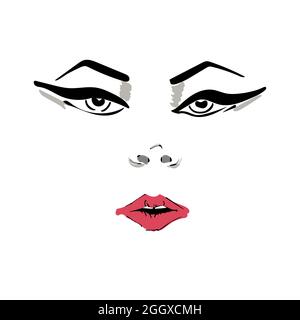 Illustrazione vettoriale di una faccia femminile con trucco con frecce e labbra rosse. Illustrazione Vettoriale