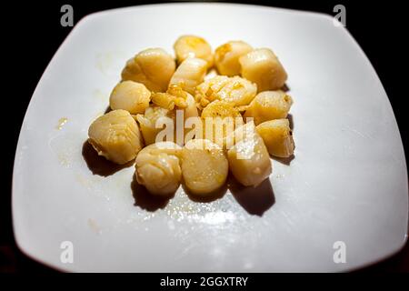 Macro primo piano di pesce fresco cotto alla griglia o fritto capesante di mare selvatico in piatto bianco sul tavolo al ristorante con sfondo nero scuro Foto Stock