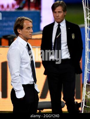 Allenatore Roberto Mancini e Gabriele Oriali d'Italia durante la partita di calcio di qualificazione Qatar 2022 tra Italia e Bulgaria allo stadio Artemio Franchi di Firenze, 2 settembre 2021. Foto Andrea Staccioli / Insidefoto Foto Stock