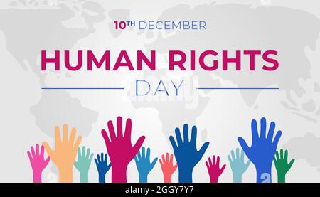 Human Rights Day Red background Banner con le mani Illustrazione Vettoriale