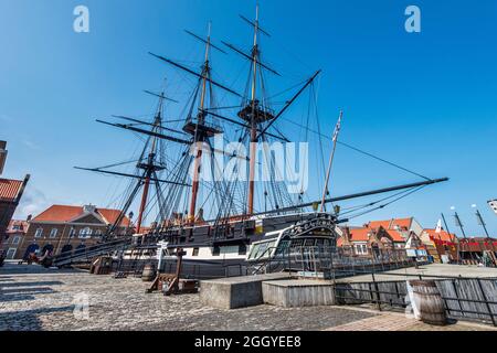 Si tratta dell'alta nave vittoriana a 3 alberi della Royal Navy Frigate Trincomalee del 1817 completamente restaurata presso il Royal Navy Museum di Hartlepool Foto Stock