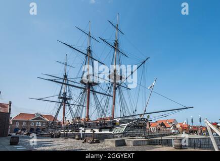 Si tratta dell'alta nave vittoriana a 3 alberi della Royal Navy Frigate Trincomalee del 1817 completamente restaurata presso il Royal Navy Museum di Hartlepool Foto Stock