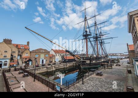 Si tratta dell'alta nave vittoriana a 3 alberi della Royal Navy Frigate Trincomalee del 1817 completamente restaurata presso il Royal Navy Museum di Hartlepool Foto Stock